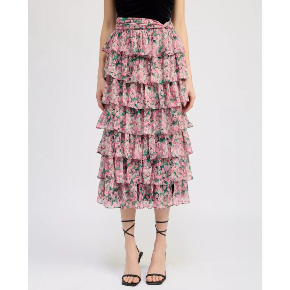 En Saison Lyra Tiered Midi Skirt Womens S Pink Floral Print High-rise Bohemian
